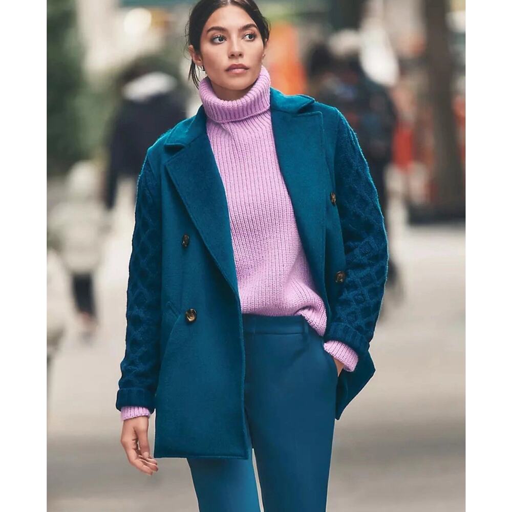 Ann Taylor Size S Sea Storm Teal Mixed Media Cable Sweater Coat Jacket New